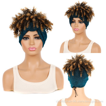 Wholesale Ombre Short Kinky Curly Fluffy Turban Wrap Wigs deep wave Heat Resistant Afro Synthetic Headband  Wigs For Black Women